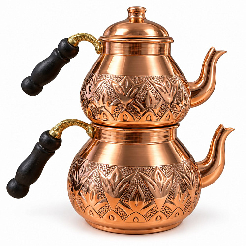 Чайник медный двухъярусный с узорами (TOMBIK 1мм CAYDANLIK)